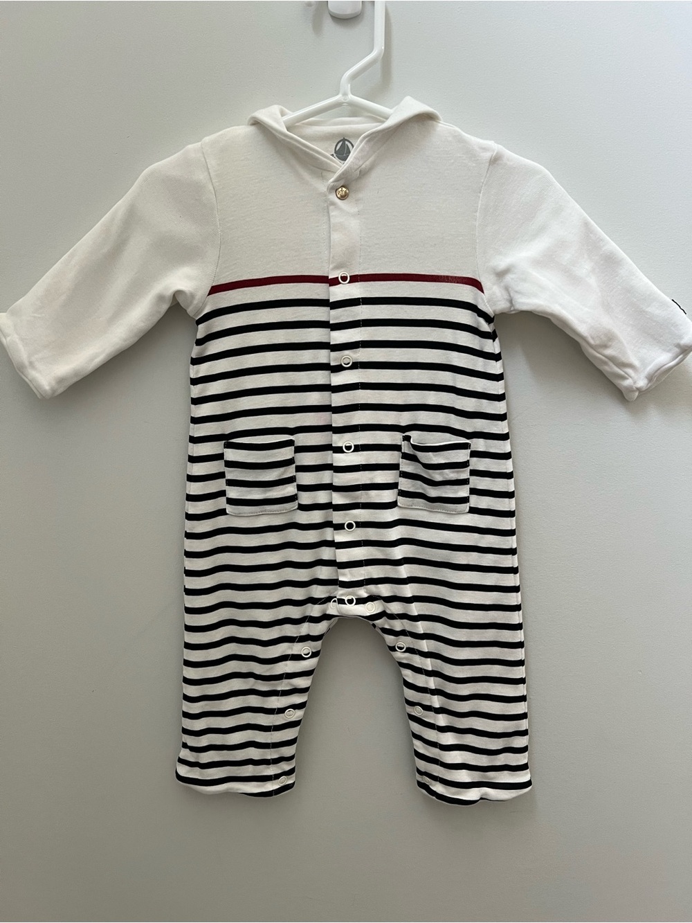 Petit Bateau White Hooded Striped One-Piece with Red Trim